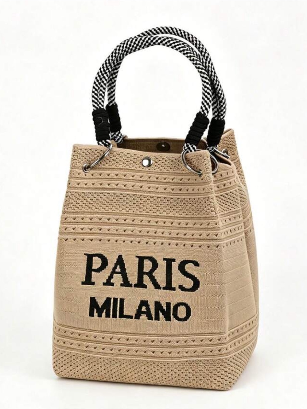 Beige 'PARIS MILANO' Knit Tote Bag with Black Rope Handles